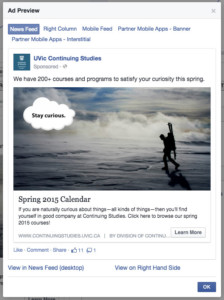 Continuing Studies Facebook ad - brand - spring 2015